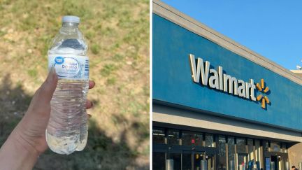 great value bottle of water (l) walmart logo (r)