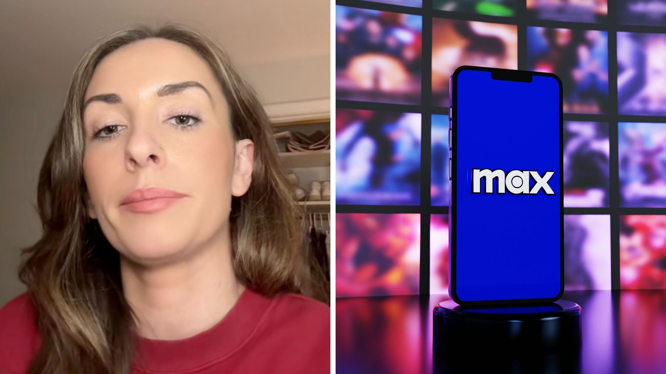 Woman wearing red shirt (l) Cellphone portraying HBO Max logo (r)