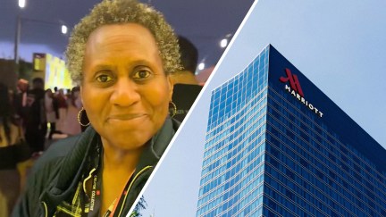 two managers approaching hotel guest (l) Marriott logo (r)