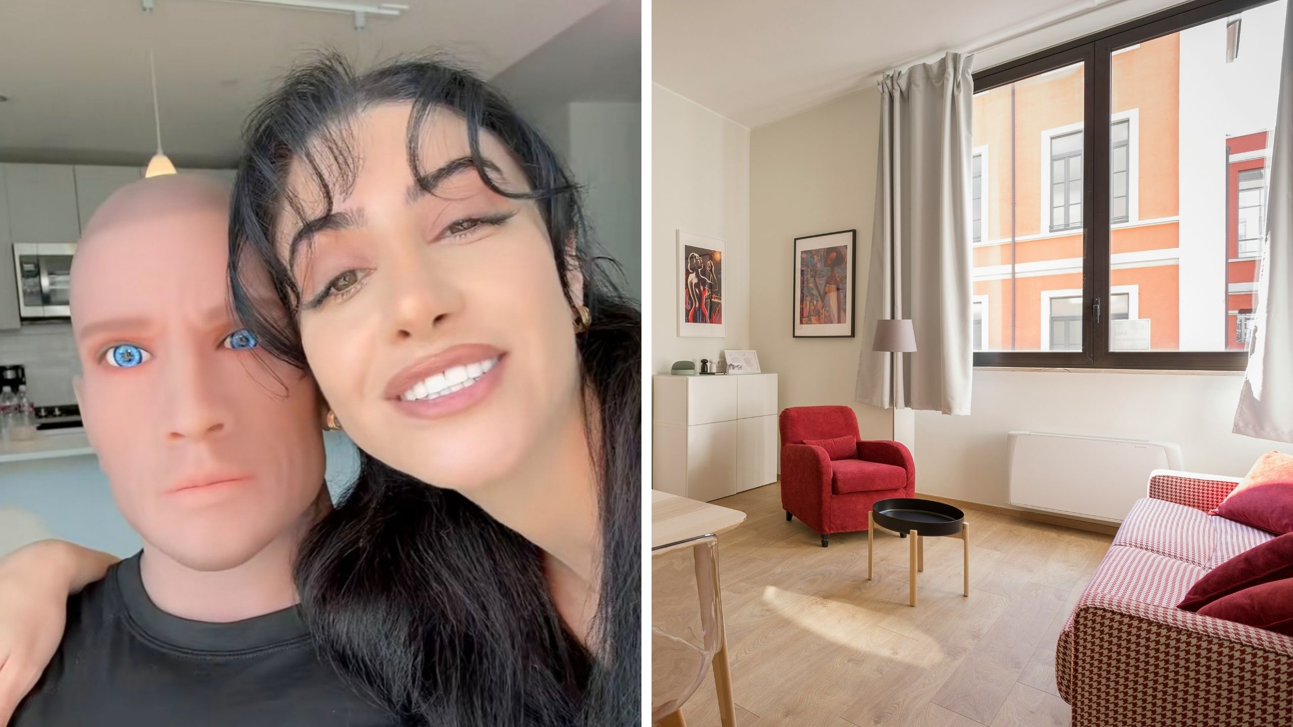 woman and her mannequin (l) apartment floor (r)