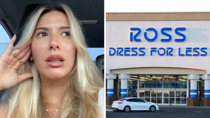 Woman sitting in a car holding her head after shopping at a store(l) Ross Store Front(r)