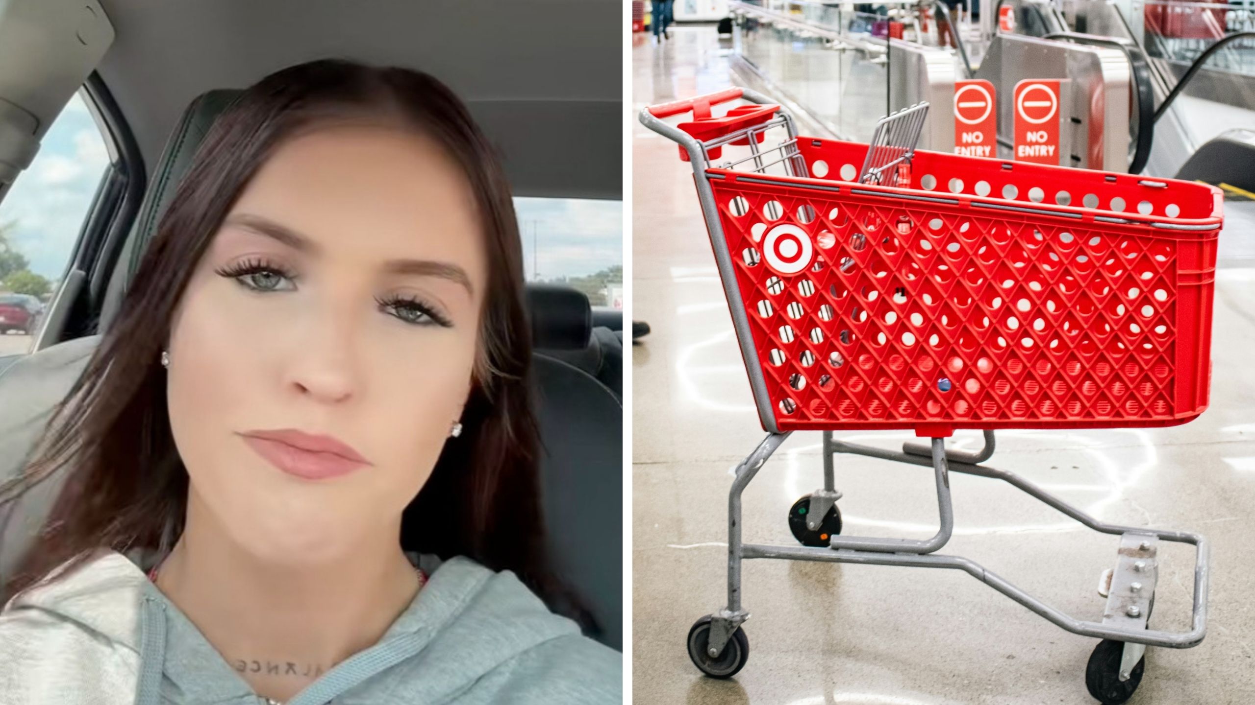 Woman in gray sweater shares her experience at Target (l) Target cart with logo on it (r)