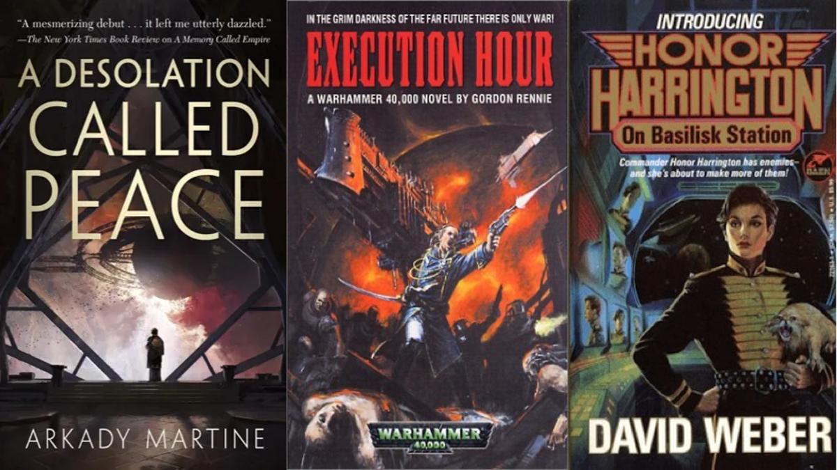 Cover art for three books with space battles