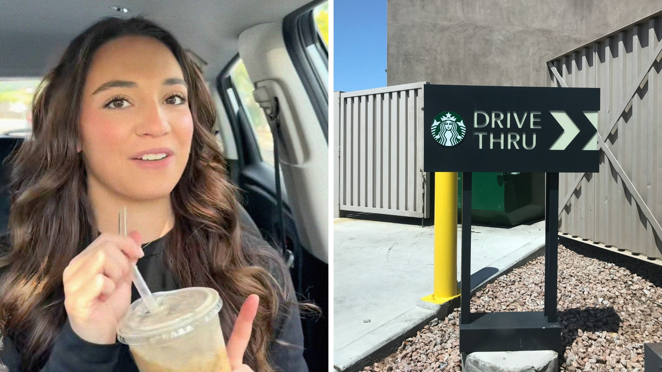 woman shares her starbucks experience (l) starbucks drive thru sign (r)