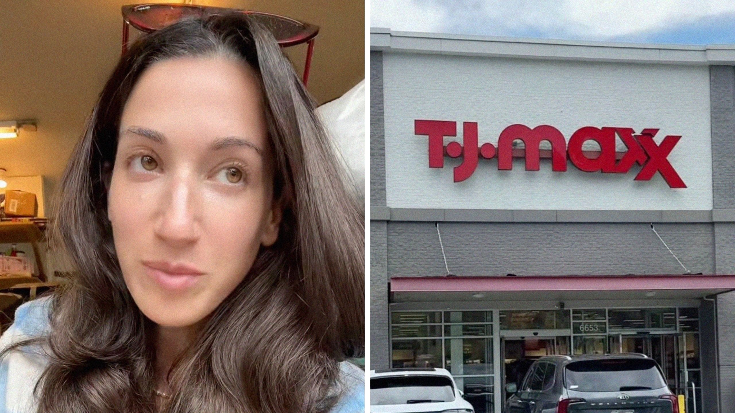 woman shares TJ MAXX secret (l) TJ MAXX logo (r)