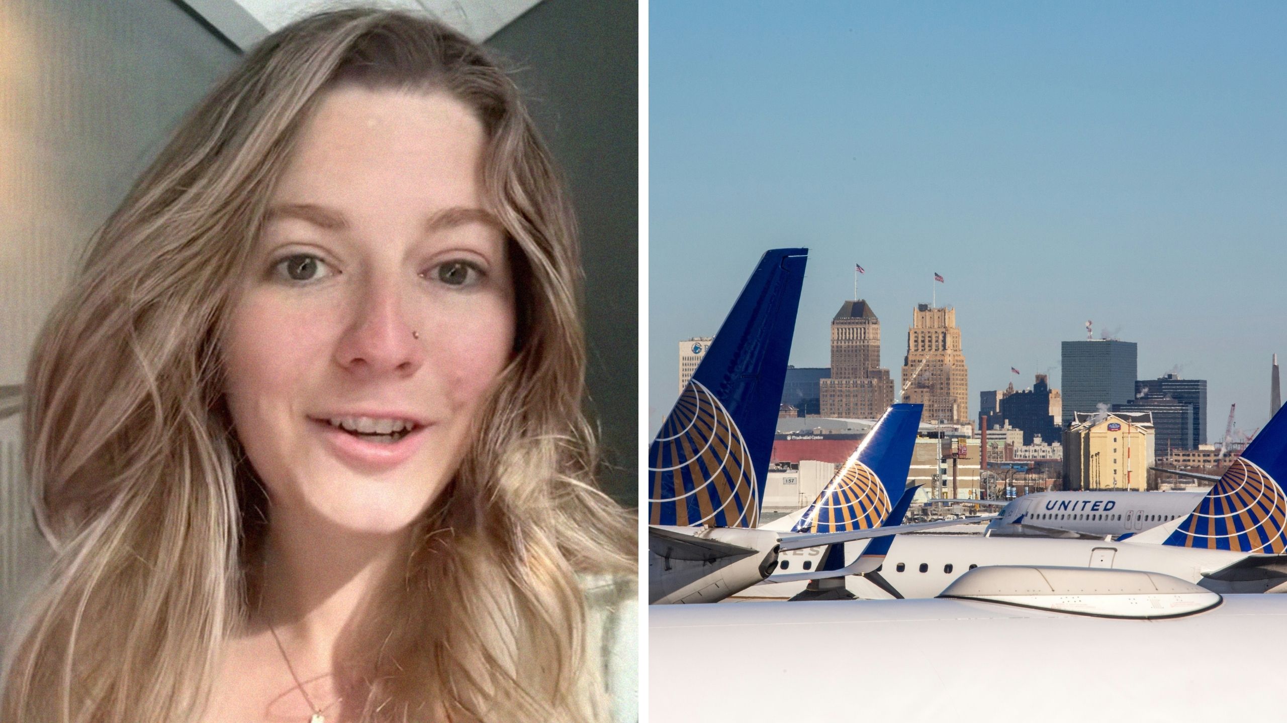 woman shares her experience with United airlines (l) United airline logo (l)