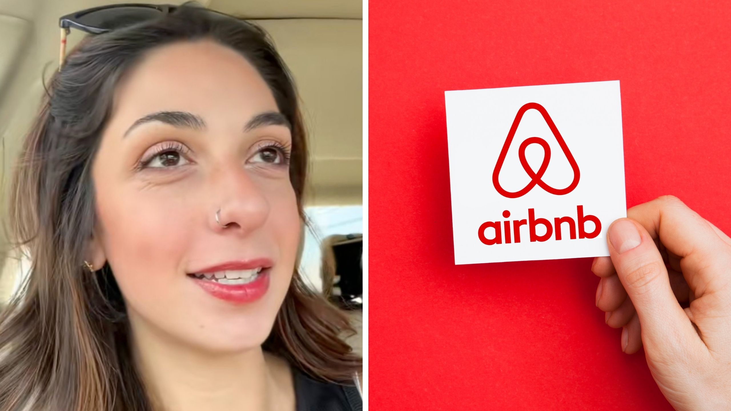 woman shares Airbnb experience (l) Airbnb logo (r)
