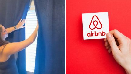 woman opening curtains (l) airbnb logo (r)