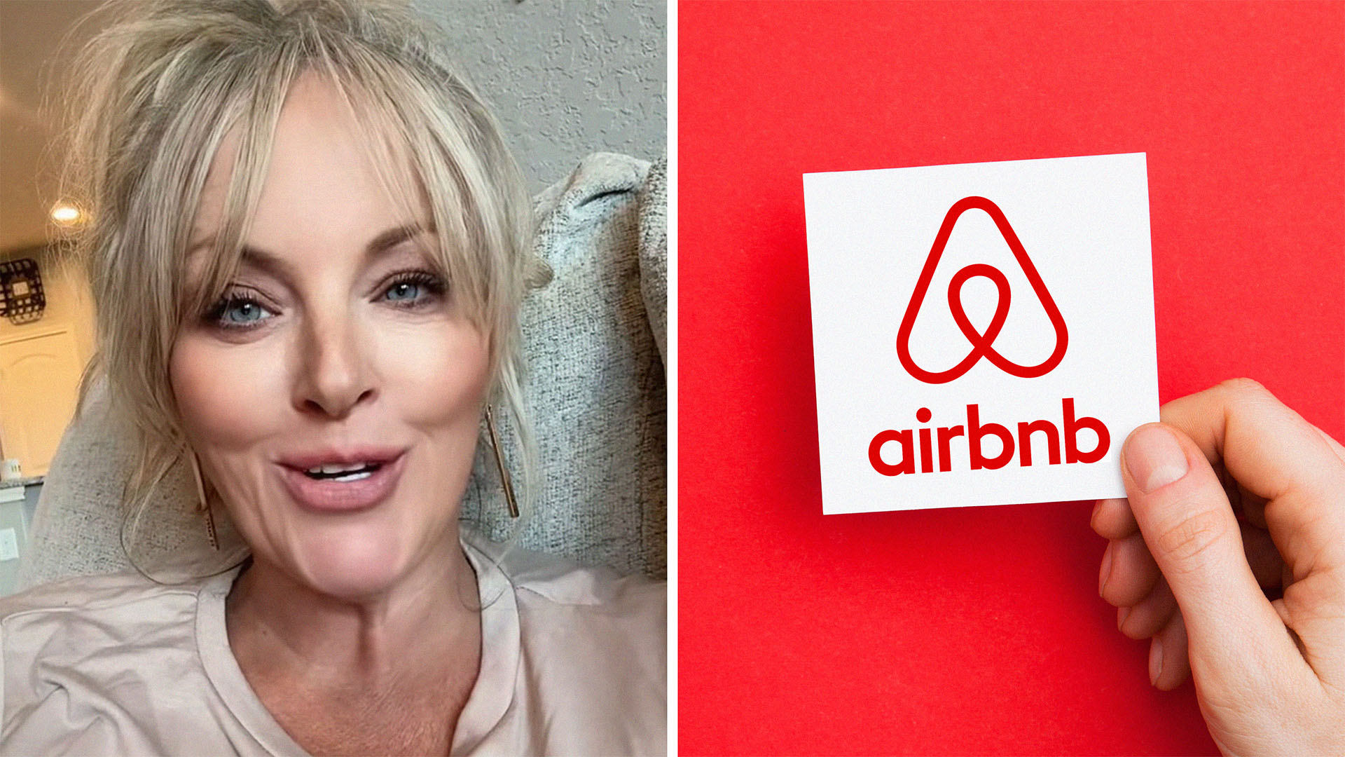 woman explains dealing with airbnb guest(l) hand holding paper with airbnb logo(r)