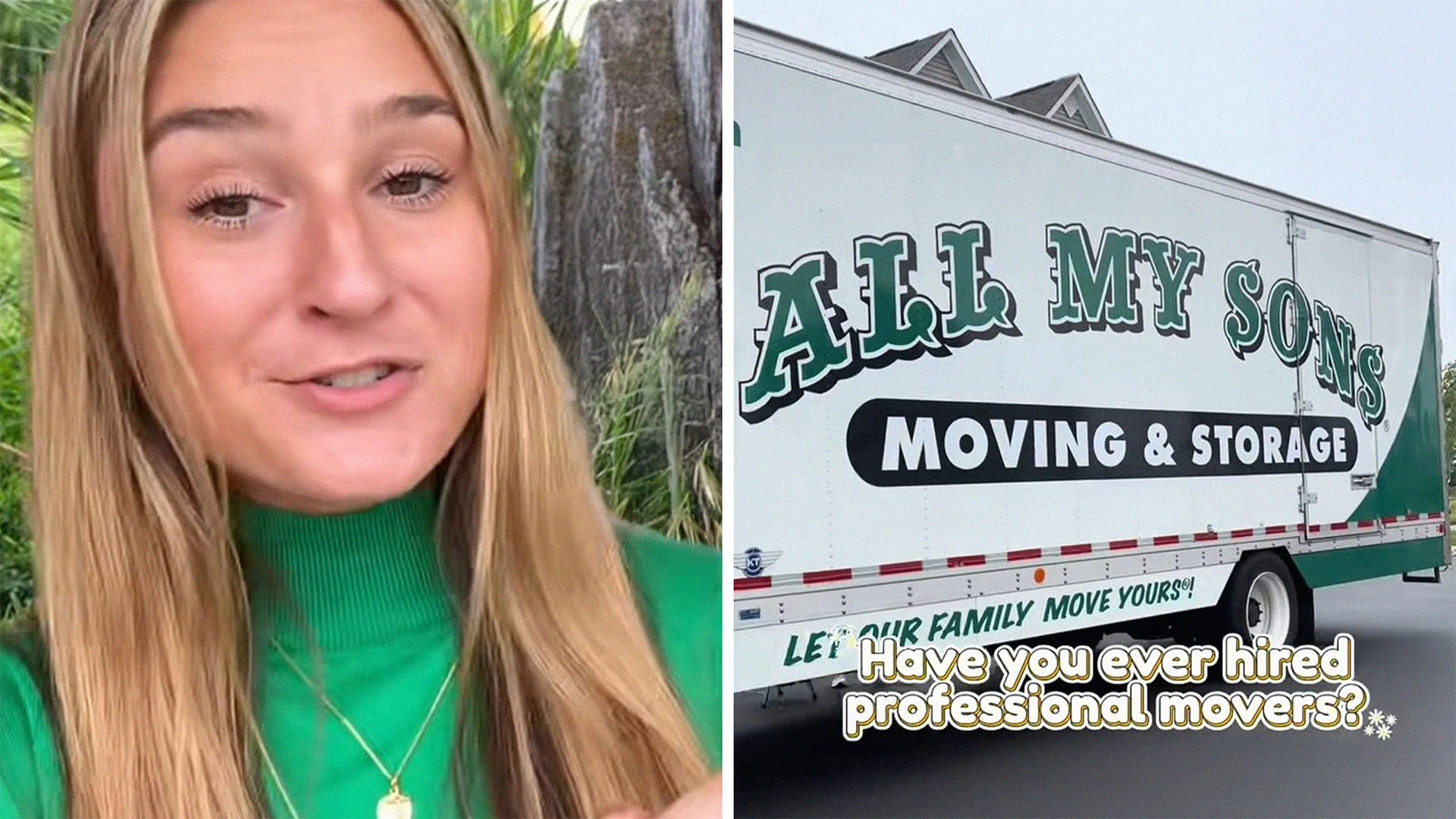 woman shares experience hiring moving company(l) Close up of All My Sons Moving Truck(r)