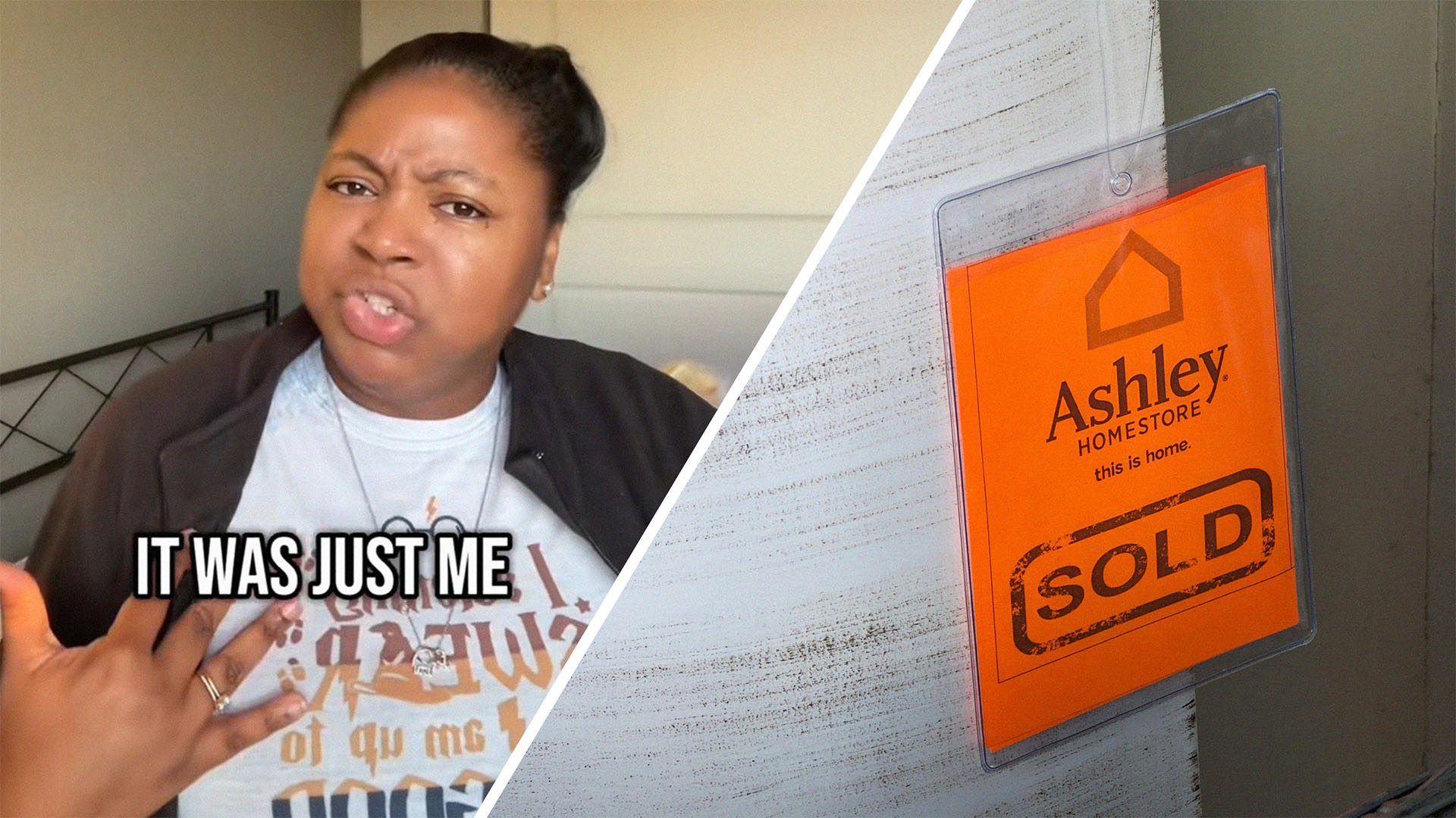 Woman explains Ashley furniture scam(l) Bright orange Ashely Furniture Tag(r)