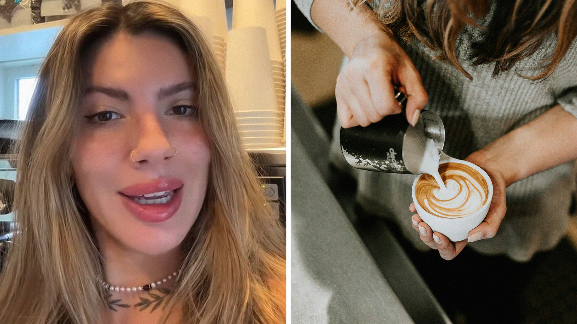 woman talking about her new job (l) barista pouring milk onto latte (r)
