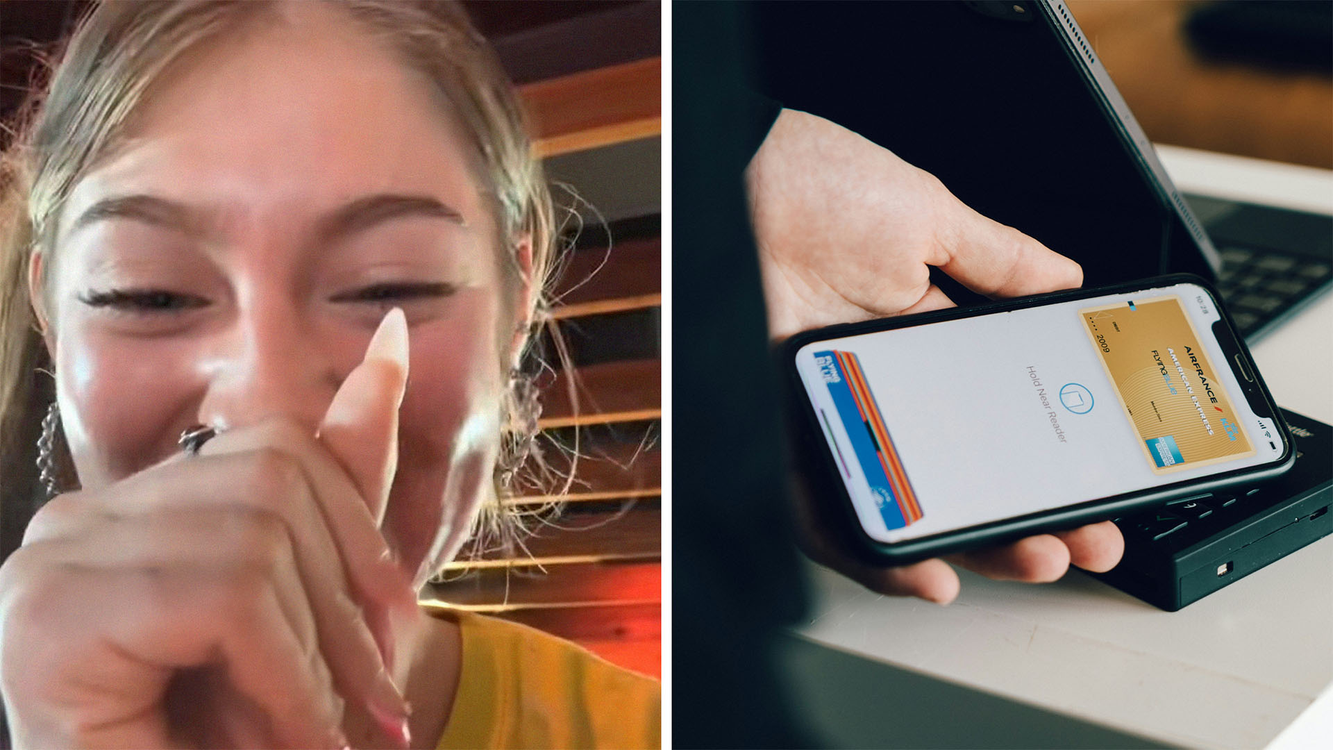 female bartender covering her mouth while sharing interaction with customer(l) Person using apple pay on card reader(r)
