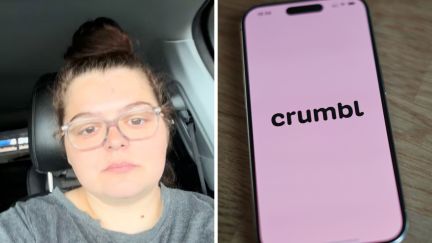 woman shares what crumbl sent her (l) crumbl logo (r)