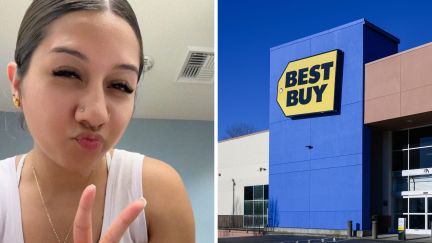 woman shares her experience at Best buy (l) Best Buy logo (r)