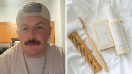 Man in cream T-shirt shares how he went viral (l) Fancy hygiene comb, toothbrush, soap, and shampoo (r)