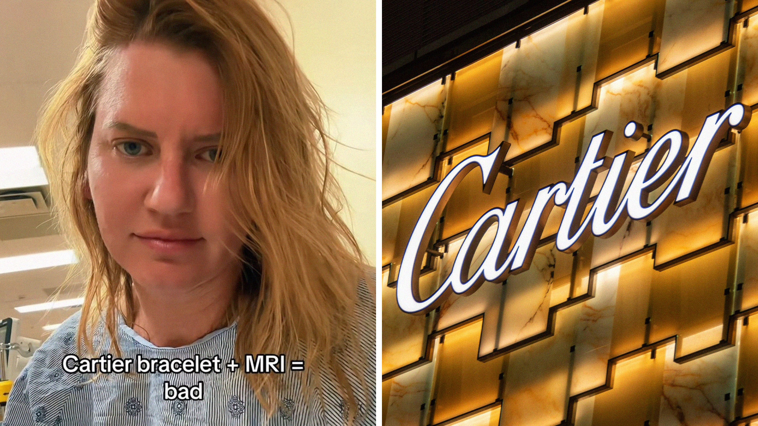 woman explains why she isn't able to get an MRI(l) Cartier logo on building(r)