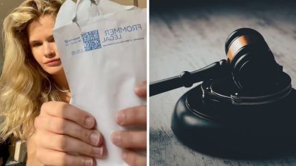 woman holding papers (l) gavel hammer (r)