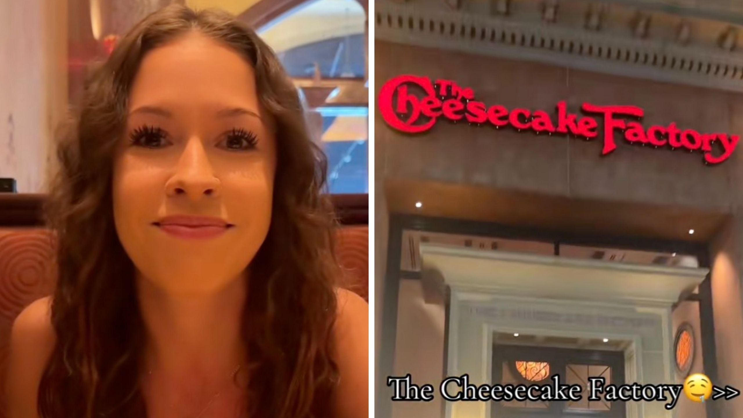 woman shares her cheesecake factory experience (l) cheesecake factory logo (r)