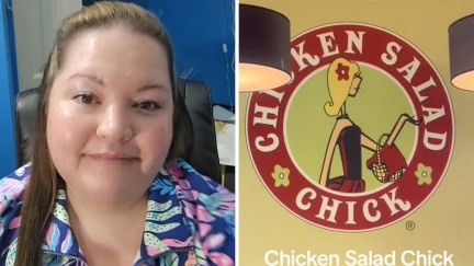Mystery shopper explaining her job (l) Chicken Salad Chick logo(r)