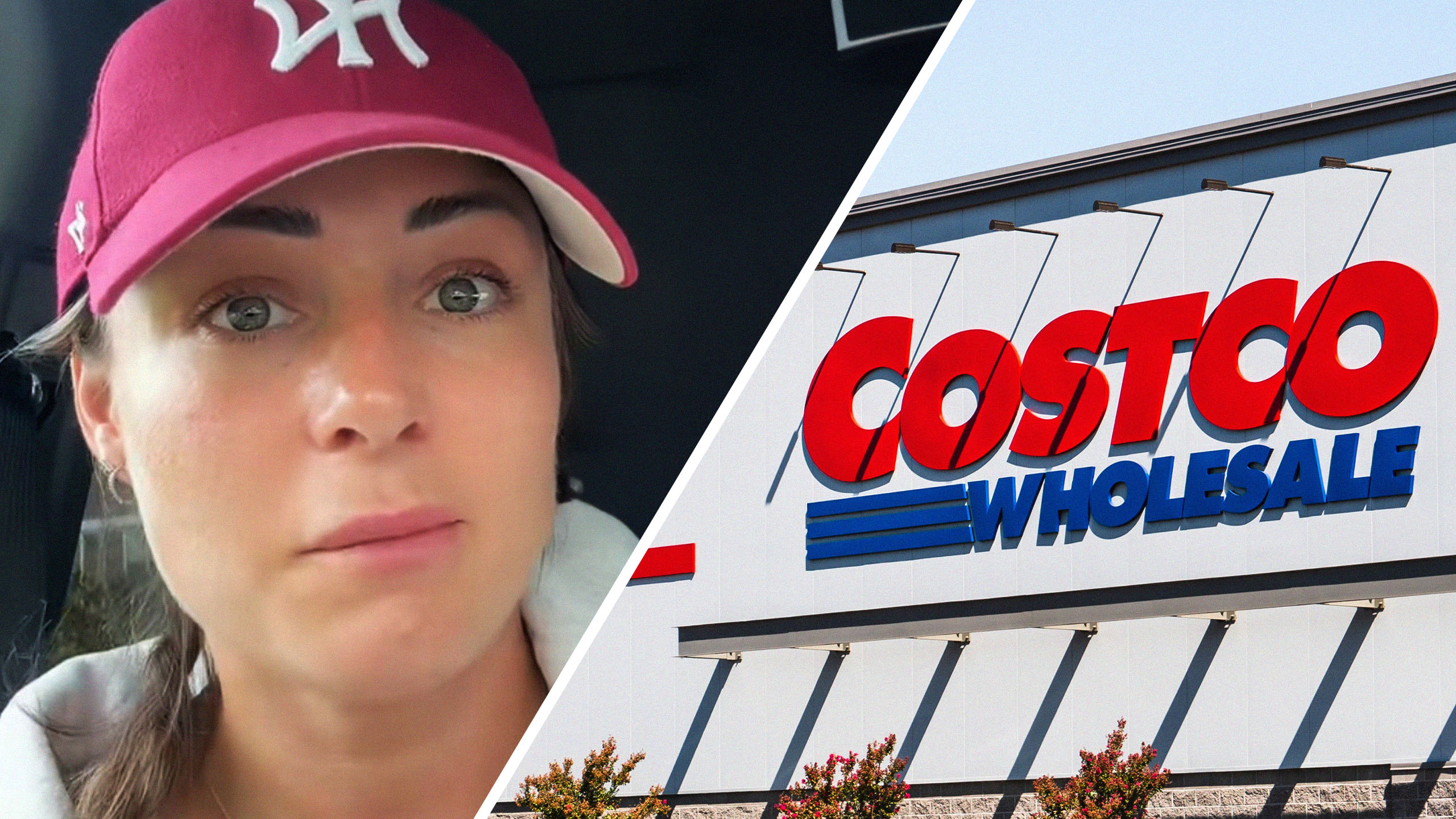 Woman wearing maroon ny cap inside of car(l) Close up of Costco Store logo on building(r)