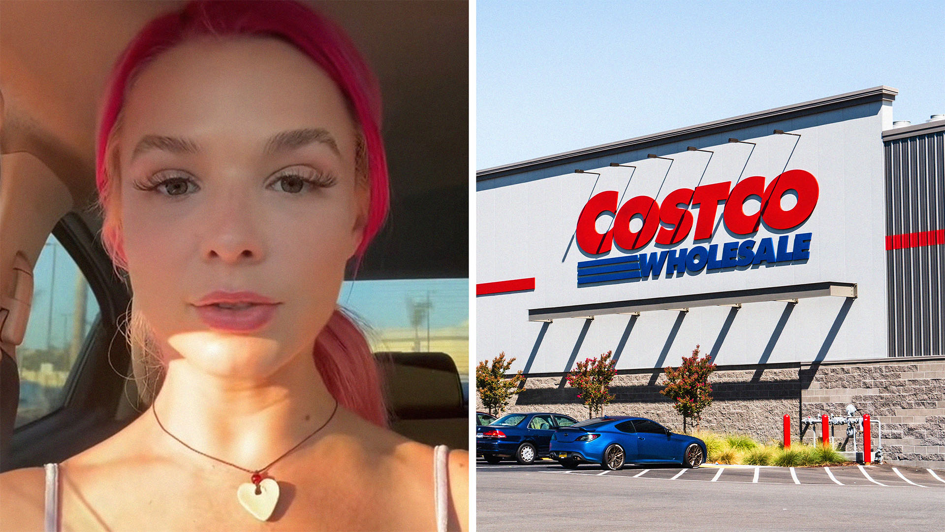 woman with pink hair talking about her experience (l) costco logo (r)