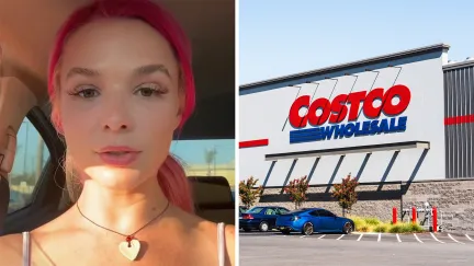 woman with pink hair talking about her experience (l) costco logo (r)