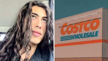 man with long curly hair (l) costco logo (r)