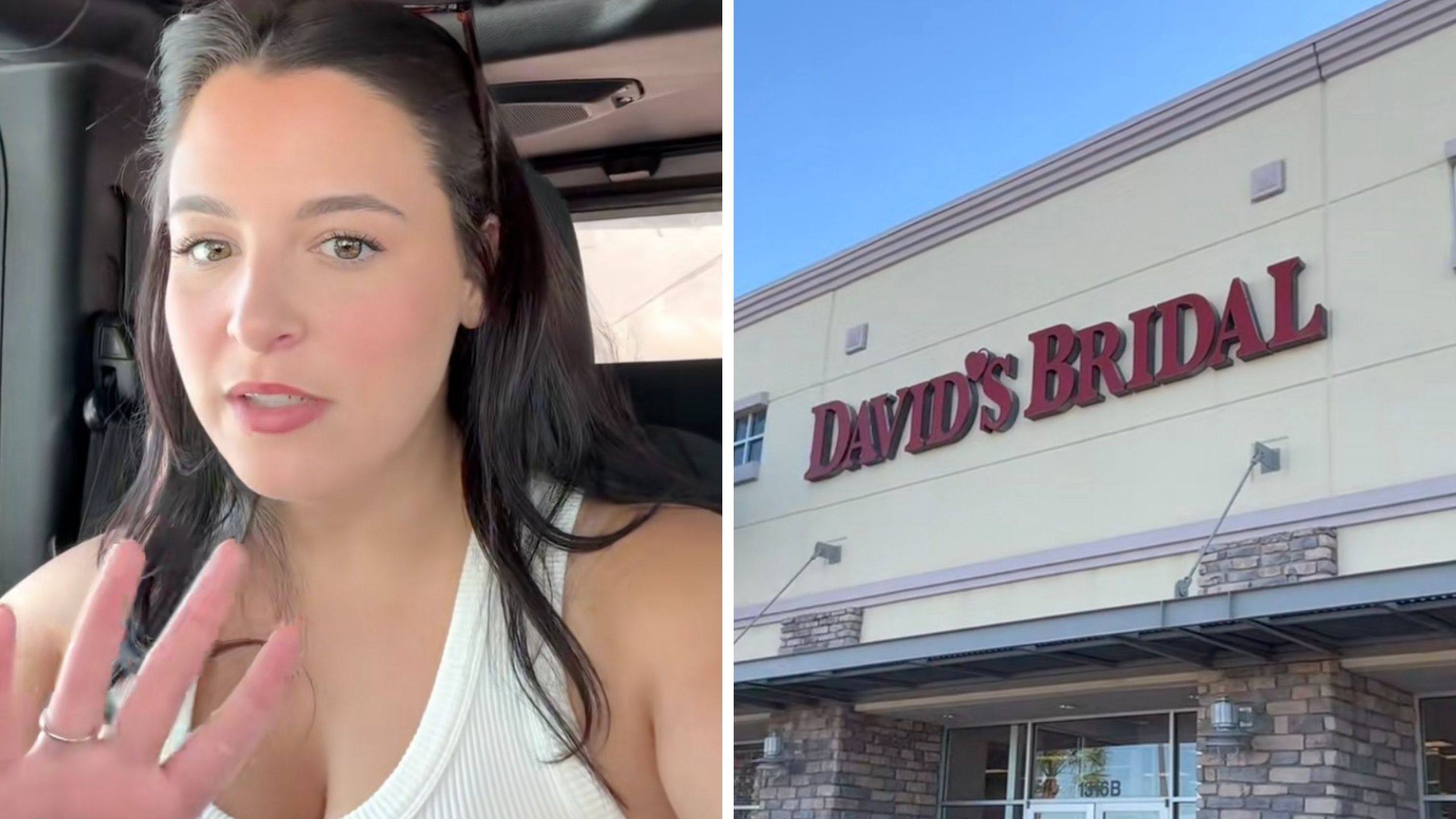 woman shares her wedding dress shopping experience (l) David's bridal logo (r)