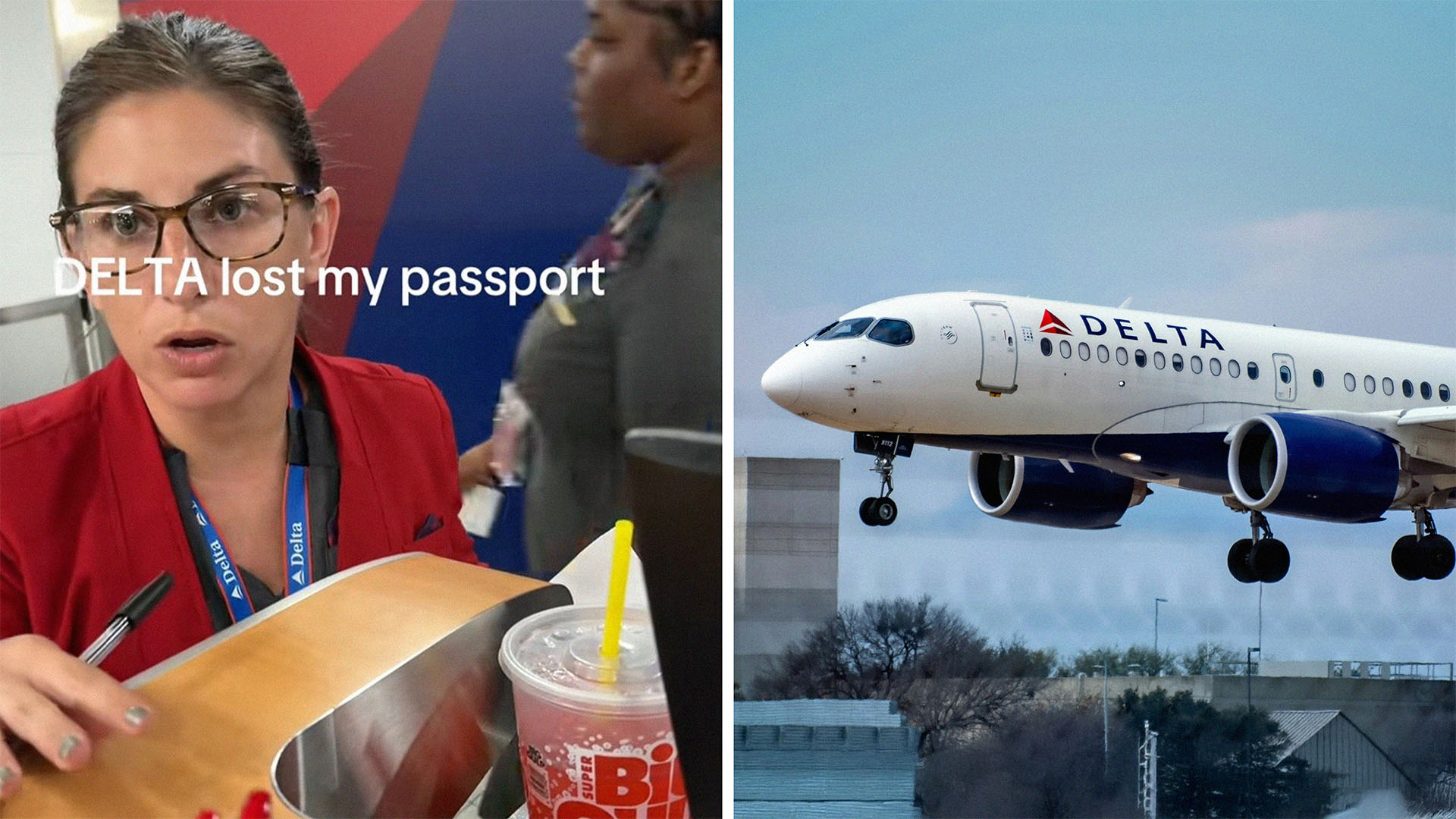 Delta worker explains that she lost customers passport(l) Delta Airplane landing at airport(r)