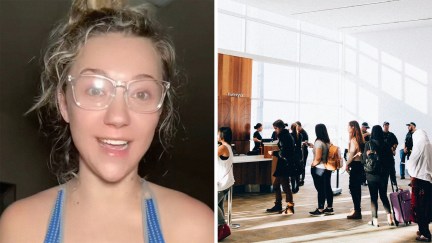 woman shares her airport experience (l) boarding area (r)