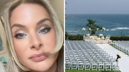 blonde woman shares thoughts on destination weddings (l) wedding venue (r)