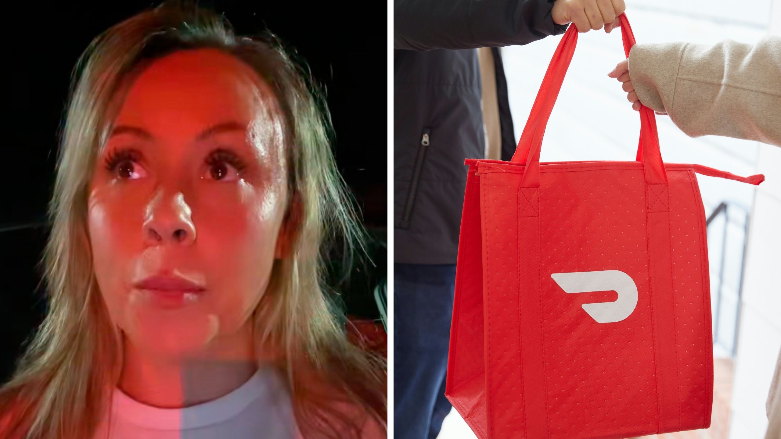 Woman in white T-shirt sharing her experience as a door dash driver (l) door dash logo in bag (r)