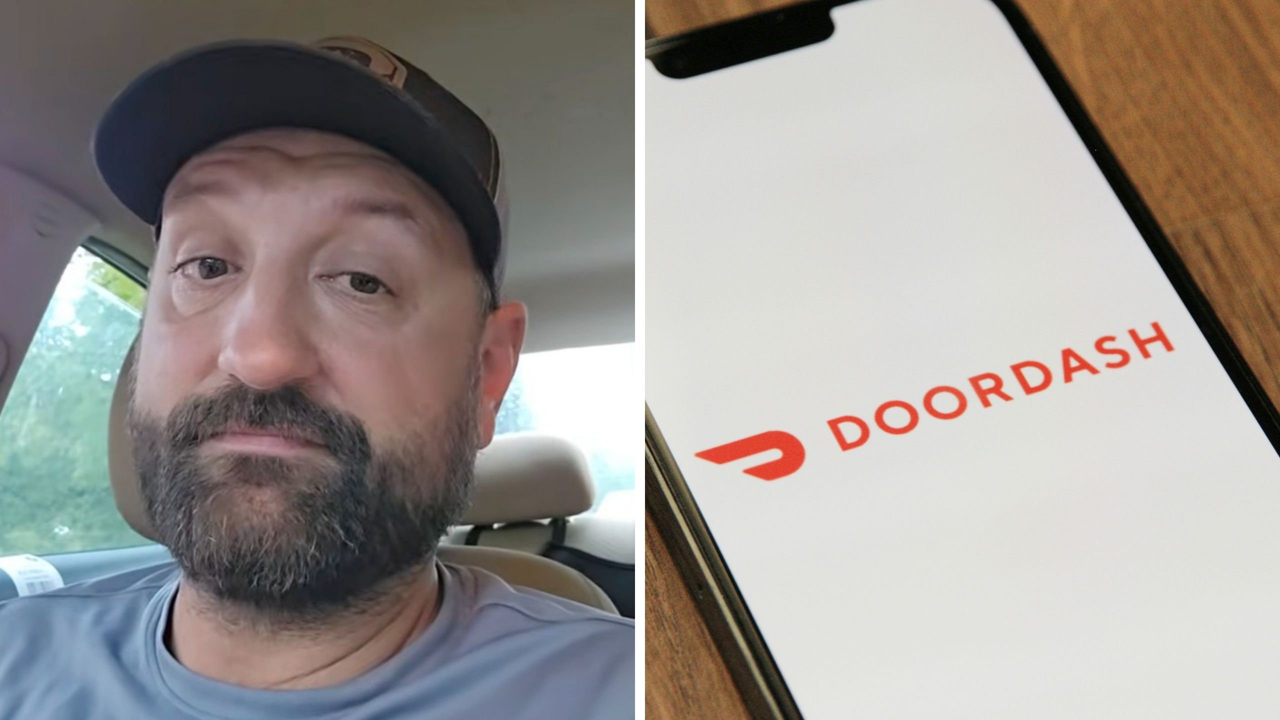 man talks about doordash experience (l) doordash logo (r)