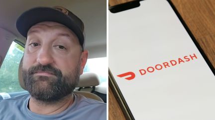 man talks about doordash experience (l) doordash logo (r)