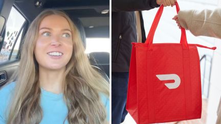 woman shares her doordash experience (l) doordash logo (r)