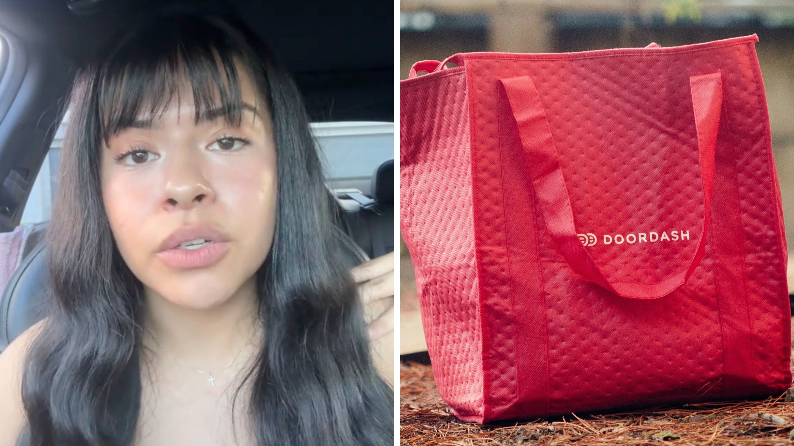 woman shares what she got as a tip (l) doordash logo on bag (r)