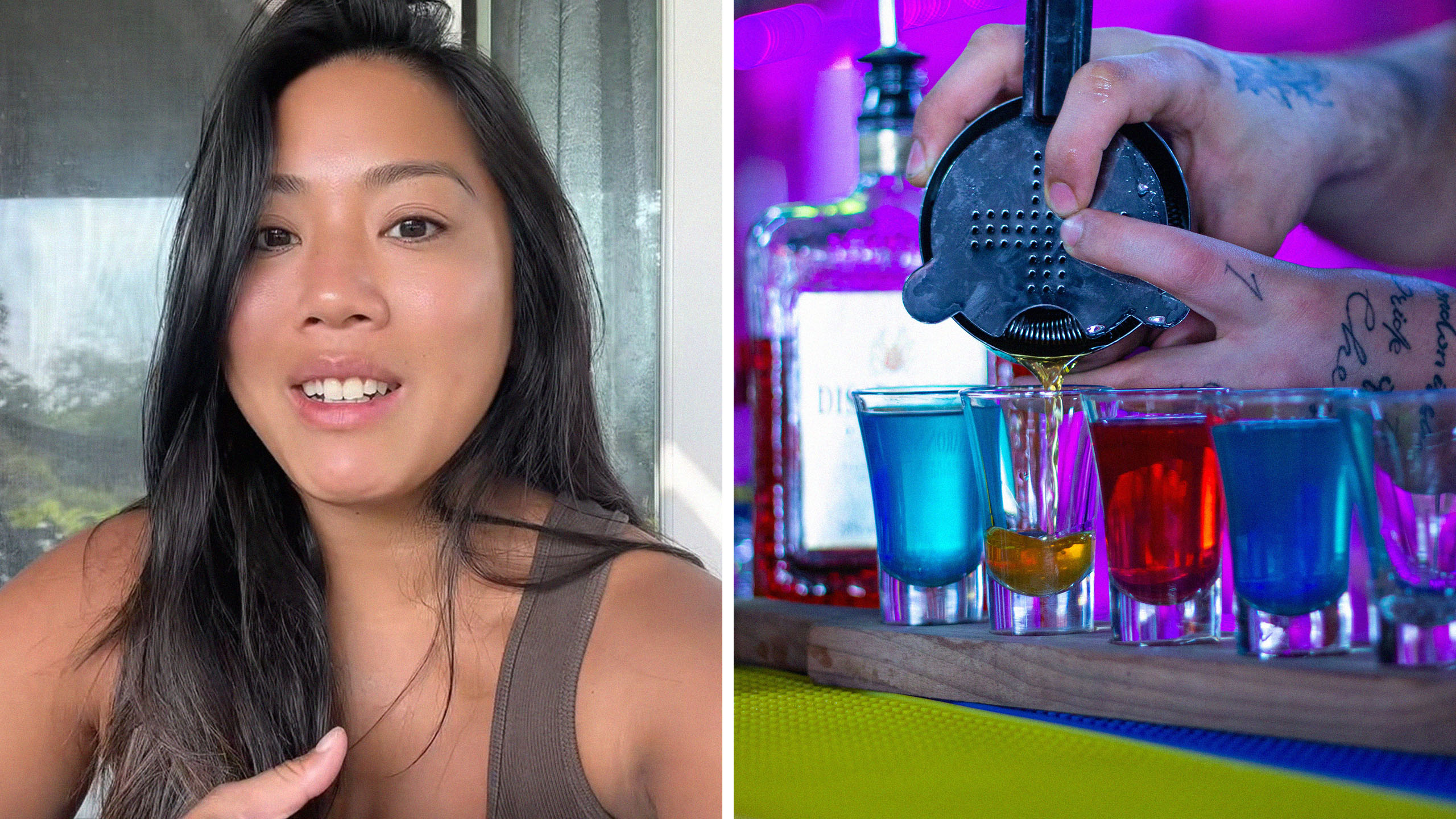 Woman bartending shares response of two guys who were celebrating(l) drink being poured on shot glasses(r)