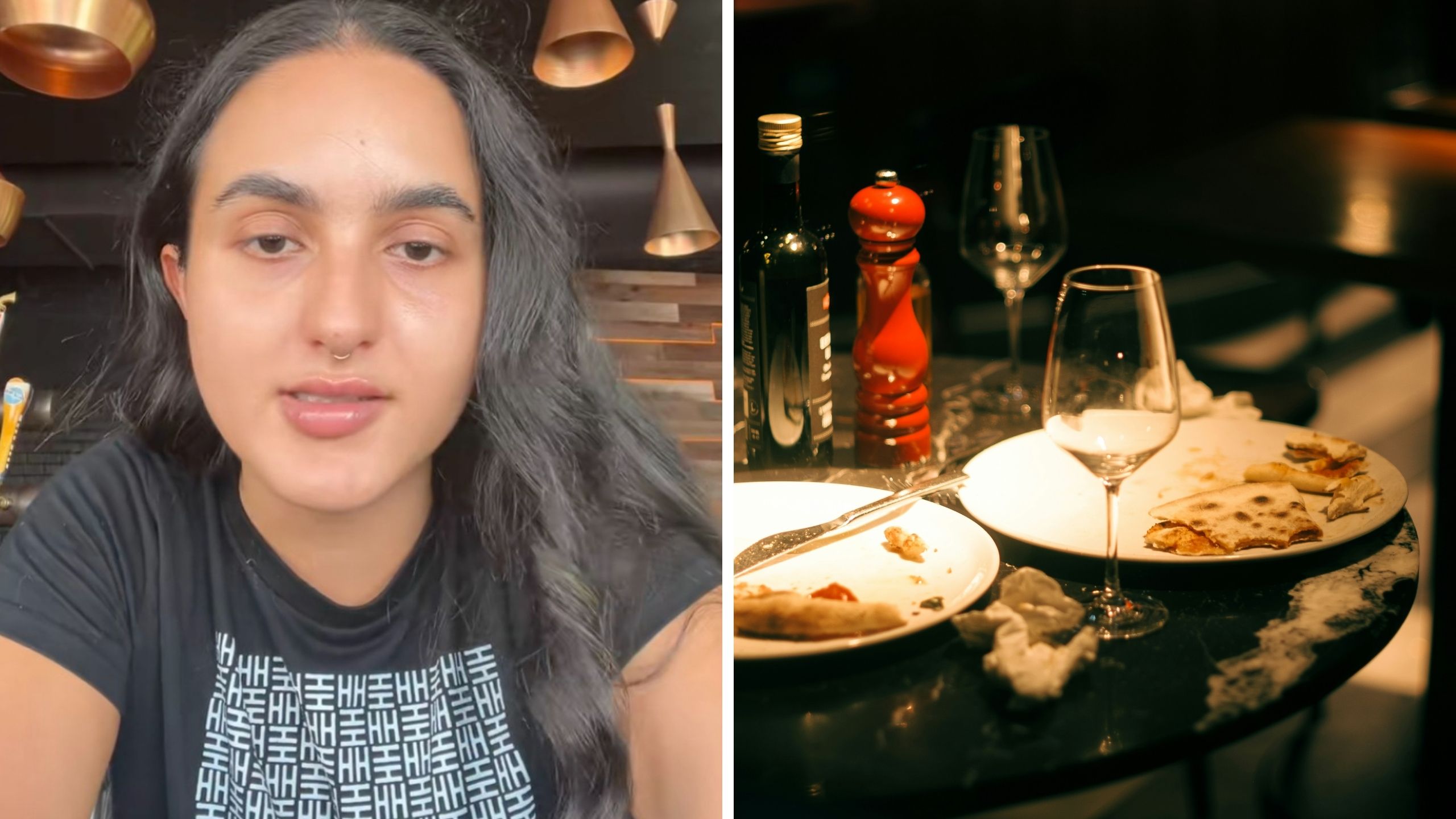 woman sharing why customer leaves leftovers (l) left over meal (r)