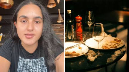 woman sharing why customer leaves leftovers (l) left over meal (r)