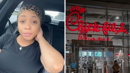 woman shows what she got from Chick-fil-A (l) Chick-fil-A store front (r)