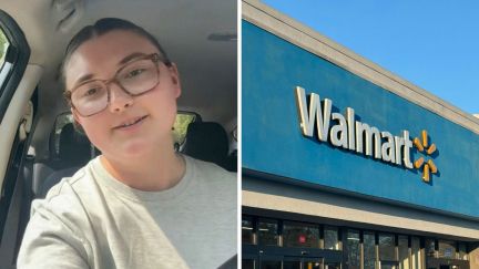woman shares walmart experience (l) walmart logo (r)