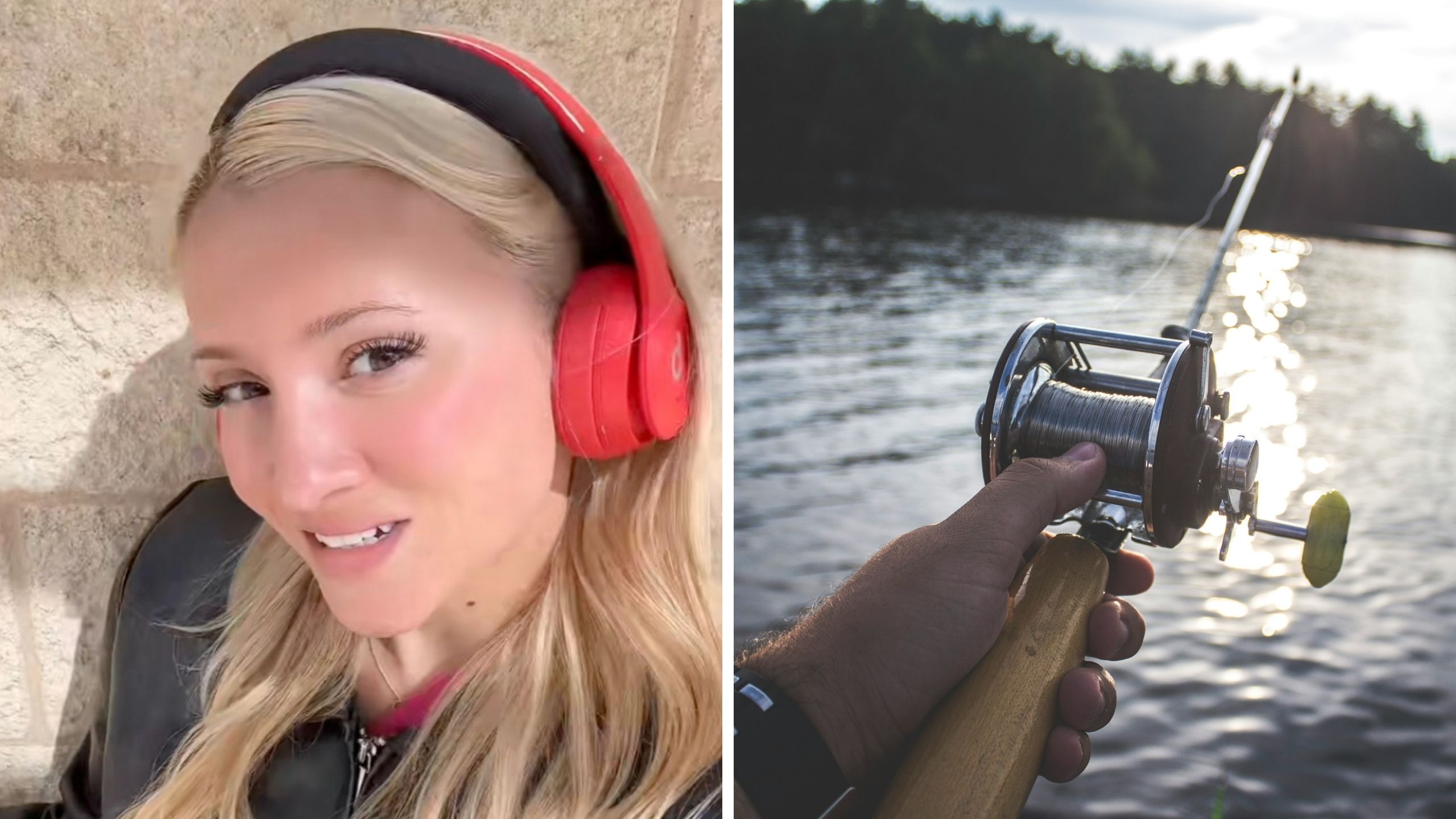 woman shares fishing experience (l) fishing rod (r)