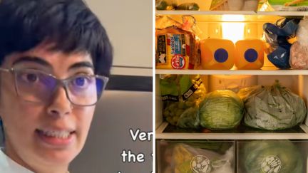 Woman wearing glasses shares how food should be stores in your fridge (l) fridge filled with food (r)