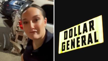 woman showing her crashed car (l) dollar general logo (r)