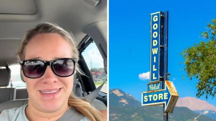 woman shares what happened at goodwill (l) goodwill logo (r)