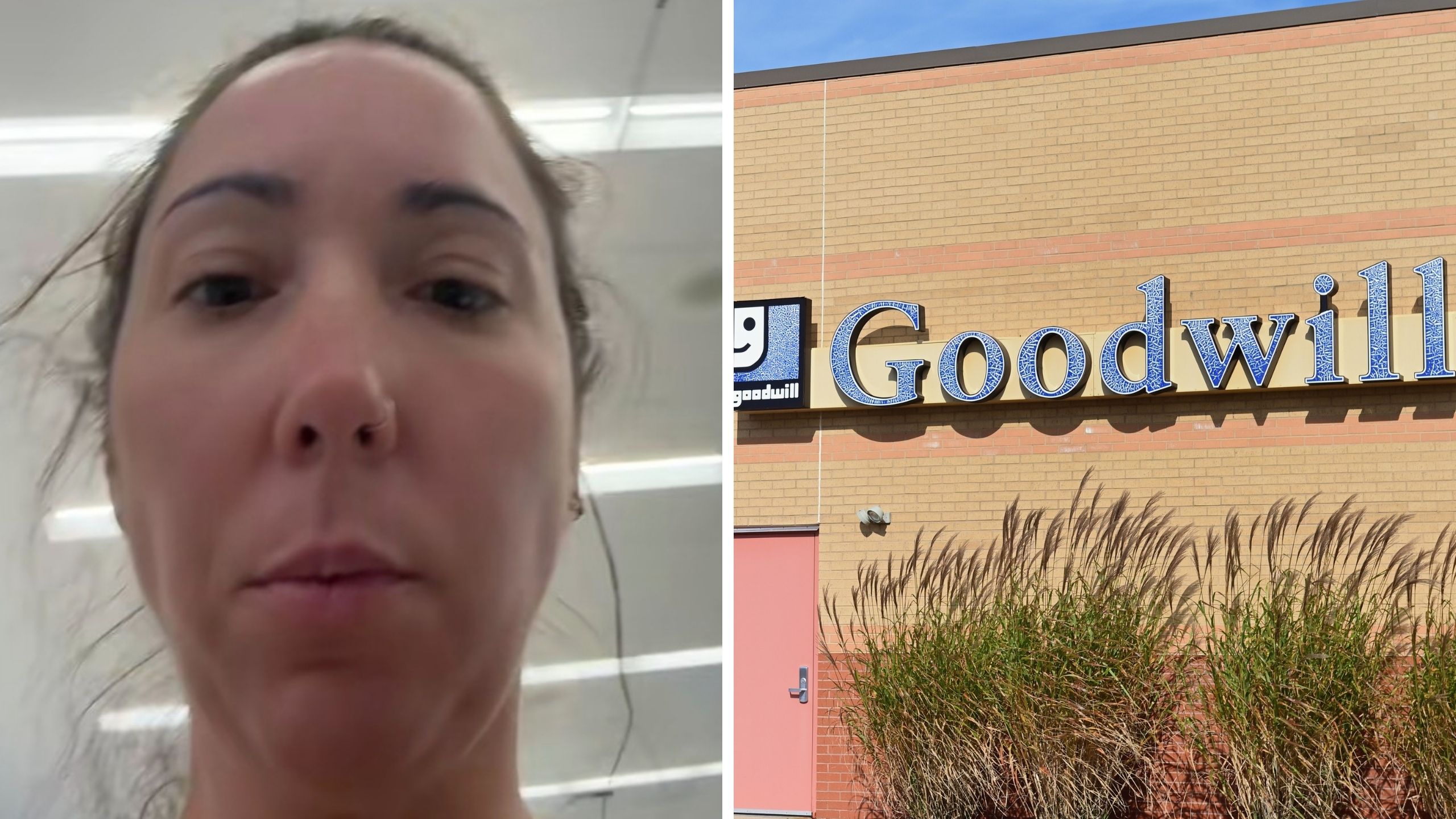 woman shares her goodwill shopping experience (l) goodwill logo (r)
