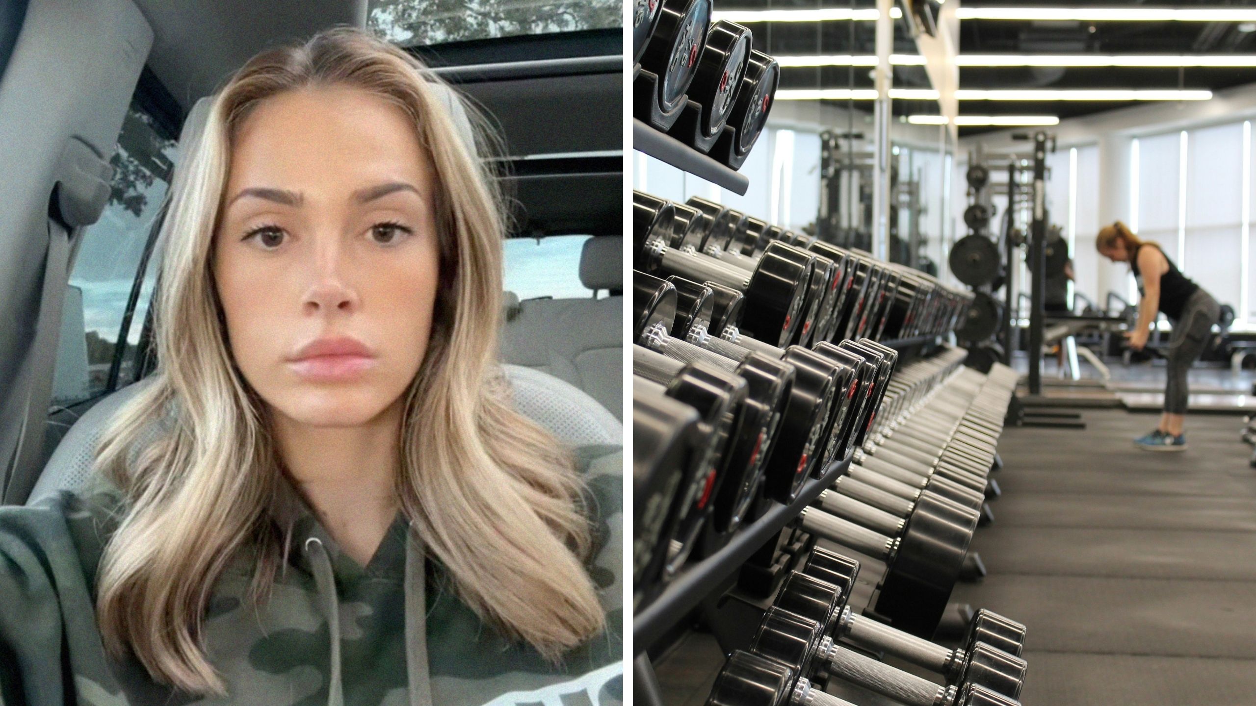 woman shares her old workplace experience (l) woman working out at the gym (r)