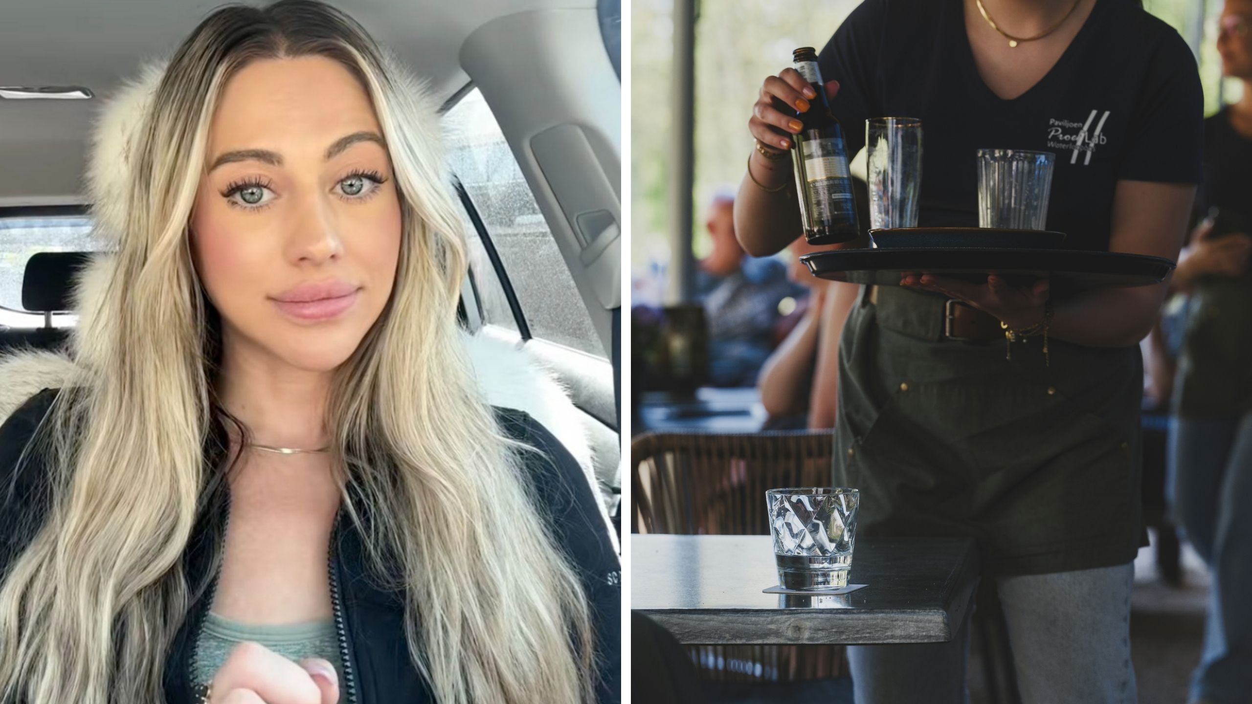 woman wearing jacket shares her date experience (l) female server (r)