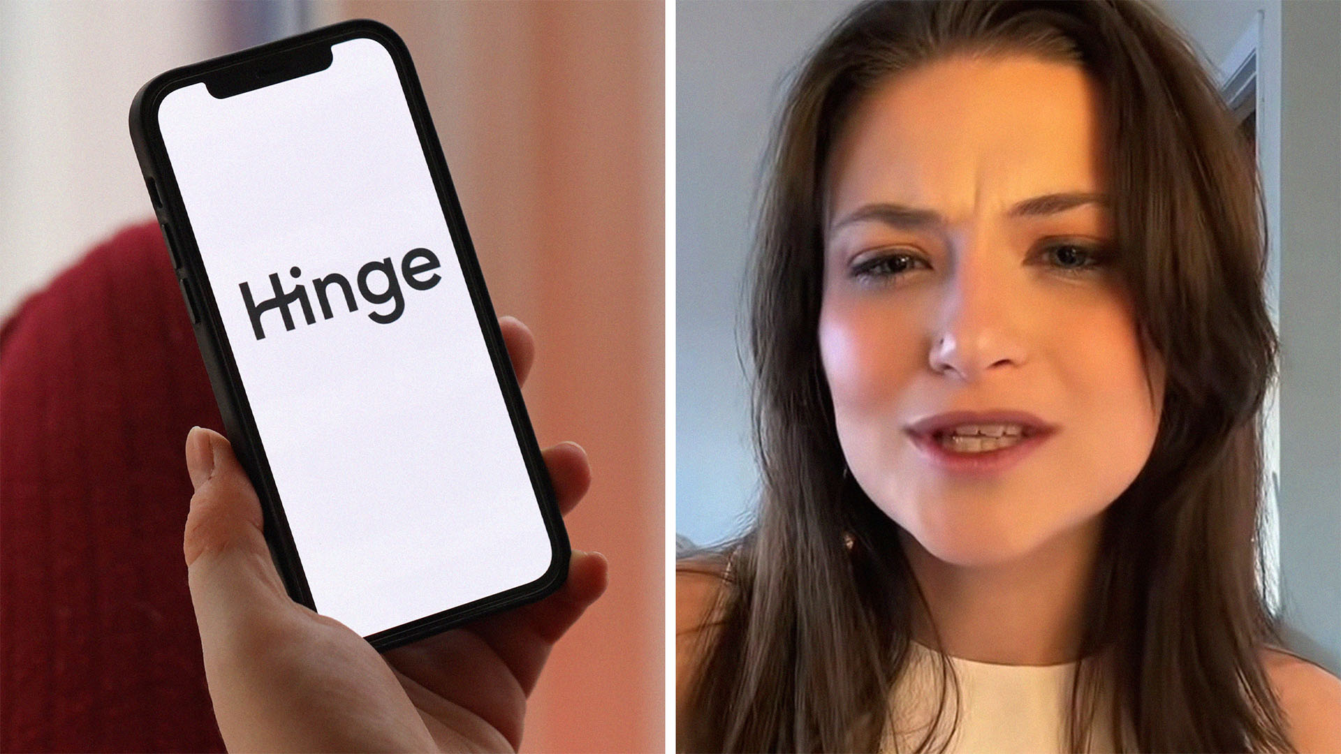 Woman holding up iPhone with Hinge app launched(l) Woman shares why her date cancelled on her (r)